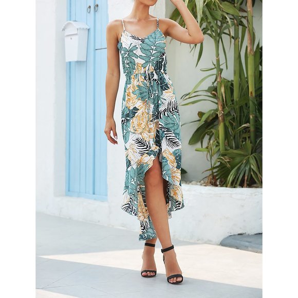 MBM Unlimited Dresses & Skirts - White Green Tropical Print Ruffle High Low Dress